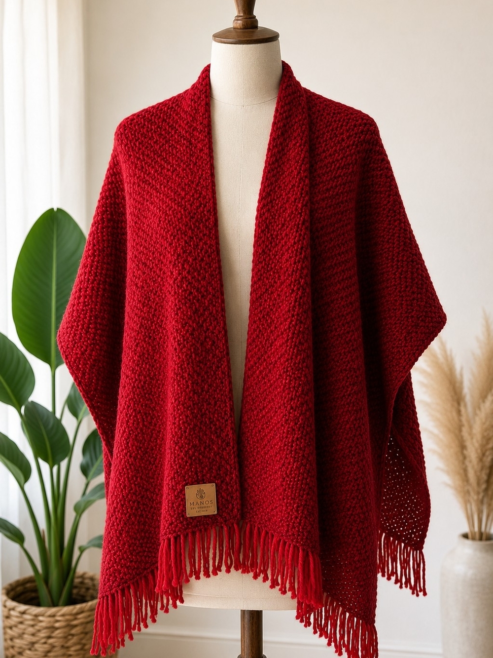 Manos del Uruguay 100% Wool Handcrafted Fringe Wrap Shawl - Red - Made in Urugua